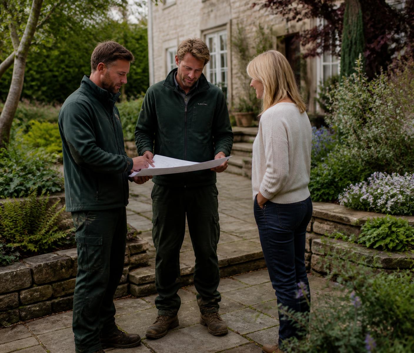 Landscaping team discussing a garden project with a homeowner