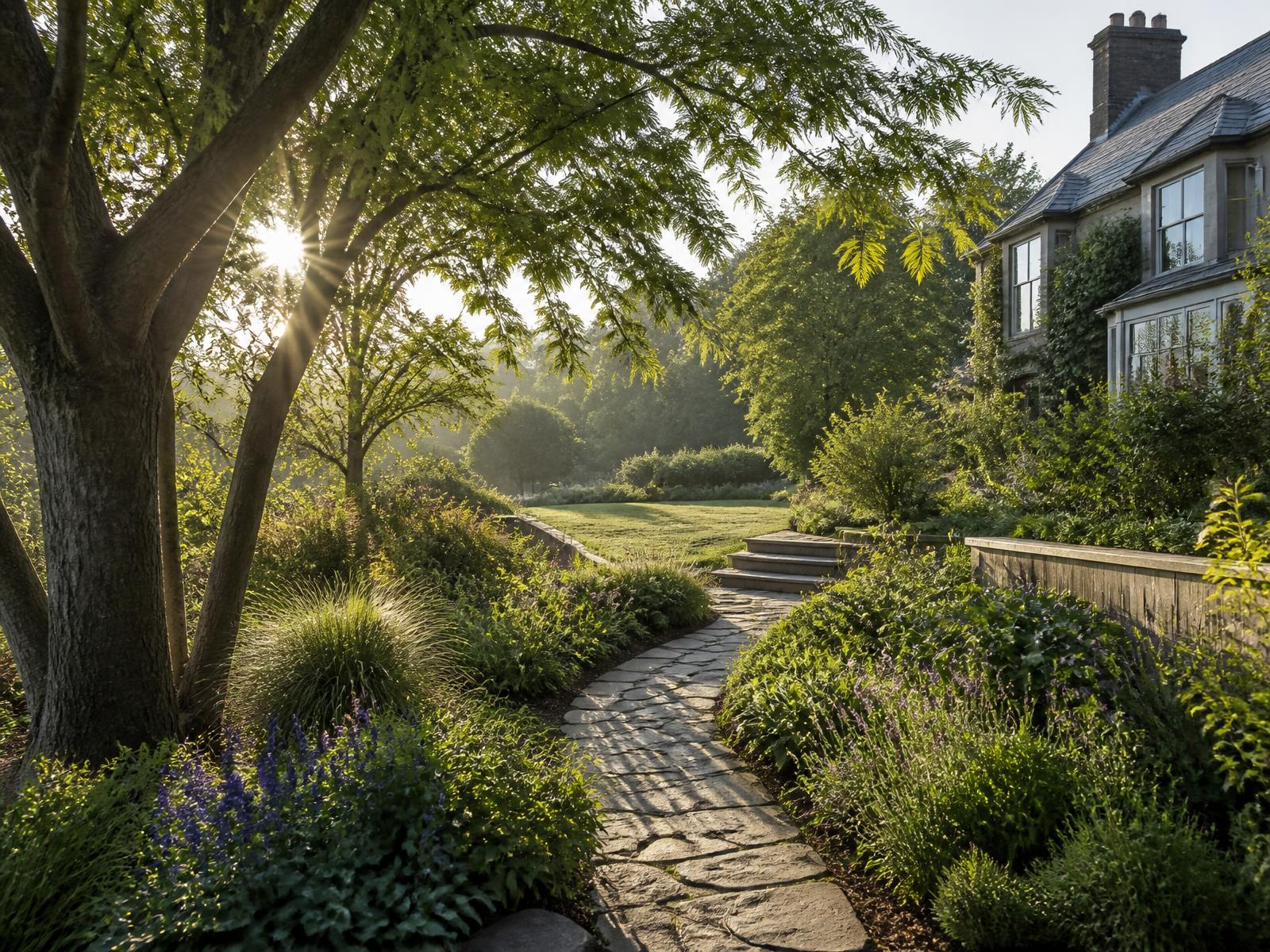 Landscaped Scottish garden with mature trees and stone paths
